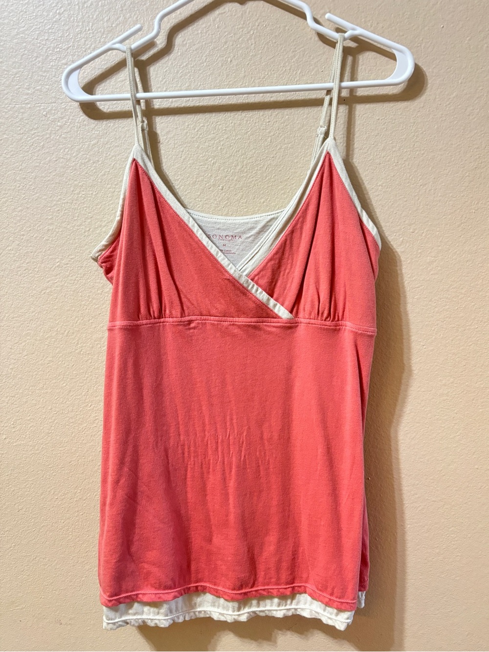 Sonoma Layered Camisole Tank Top M Coral Pink Cream Spaghetti Strap V Neck Cami